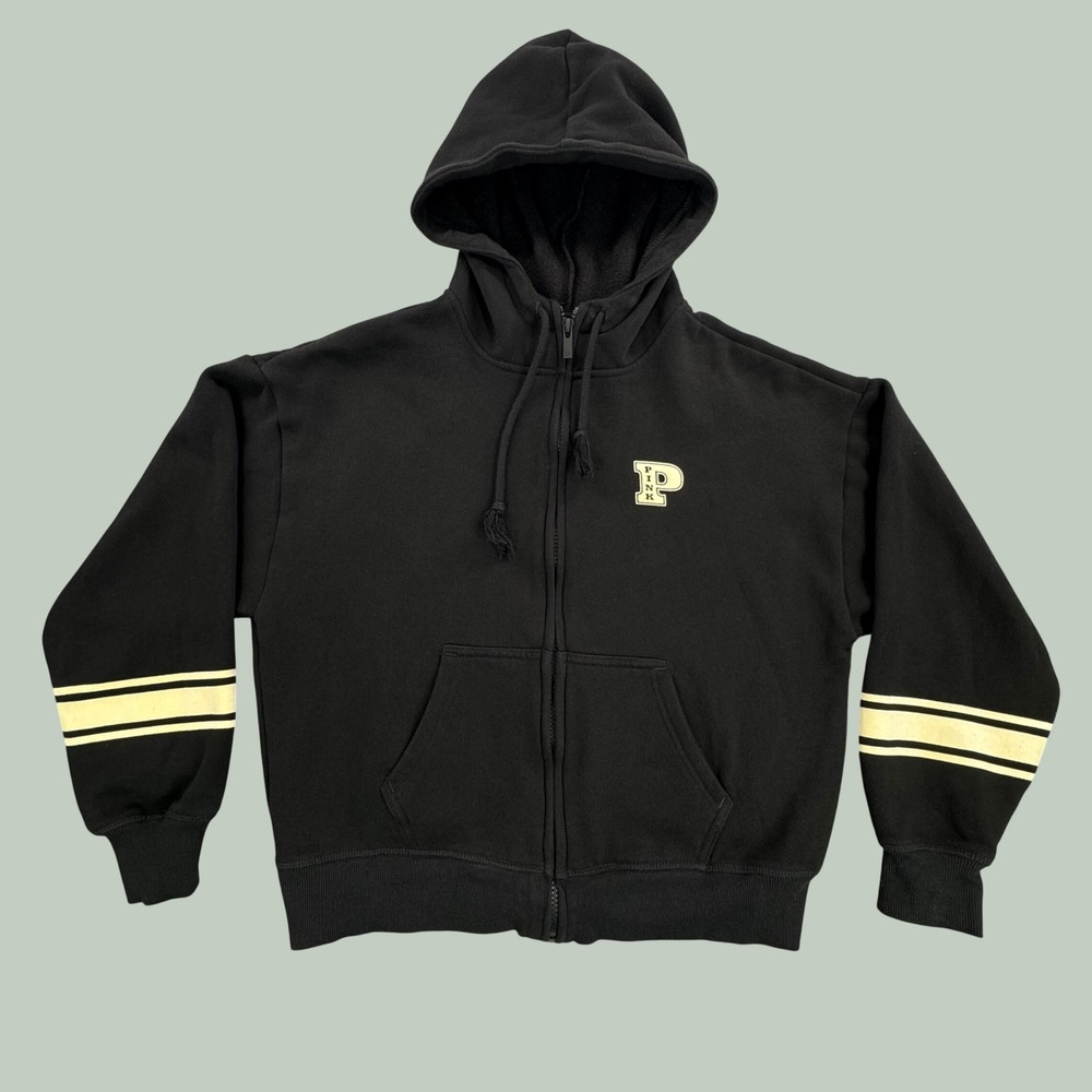 PINK Victoria's Secret Black Full Zip Hoodie Varsity Stripe Size S 414436-QWJ